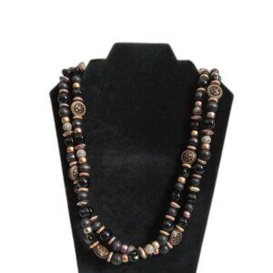 EXP Korean Black and Multicolored Round Beaded Medallion Double Strand Necklace